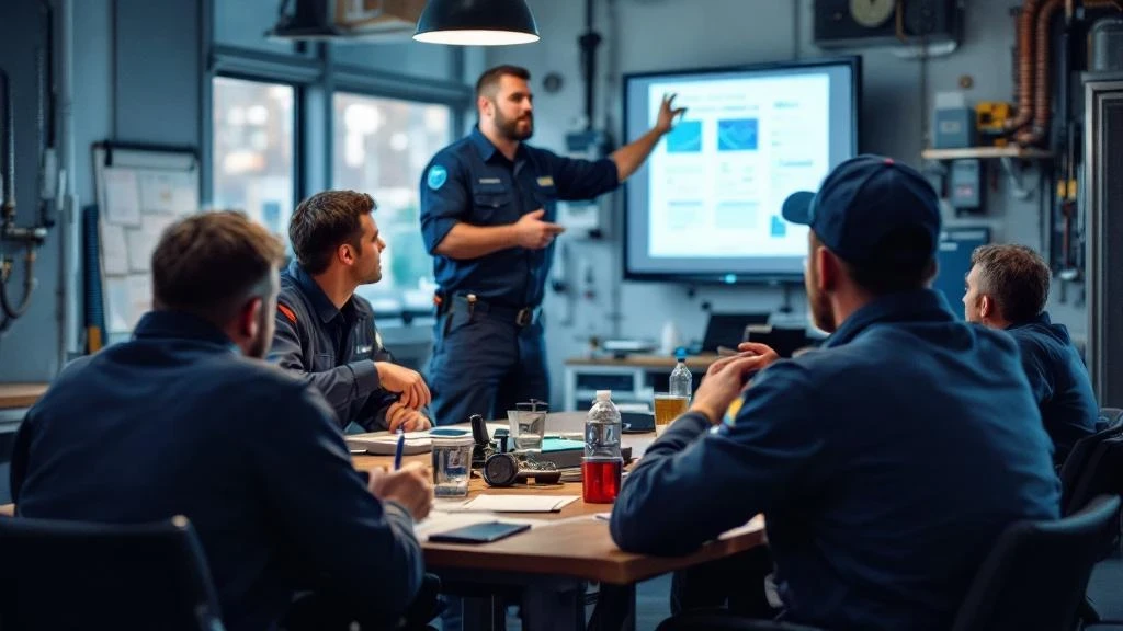 A group of HVAC technicians participating in a training session. The scene includes a presenter, educational materials like charts and screens, and engaged technicians in a classroom or workshop setting.