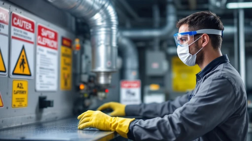 A safe HVAC workspace with proper ventilation, safety signs, and a technician wearing protective gear like gloves and goggles. The scene conveys a focus on safety protocols.