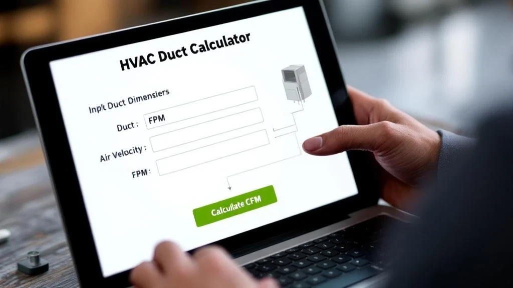 A technician using a laptop or tablet displaying a digital HVAC duct calculator, inputting duct dimensions and air velocity data