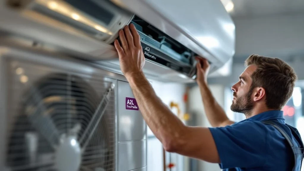An HVAC technician installing a modern air conditioning unit with a label saying 'A2L Refrigerant Compatible.'