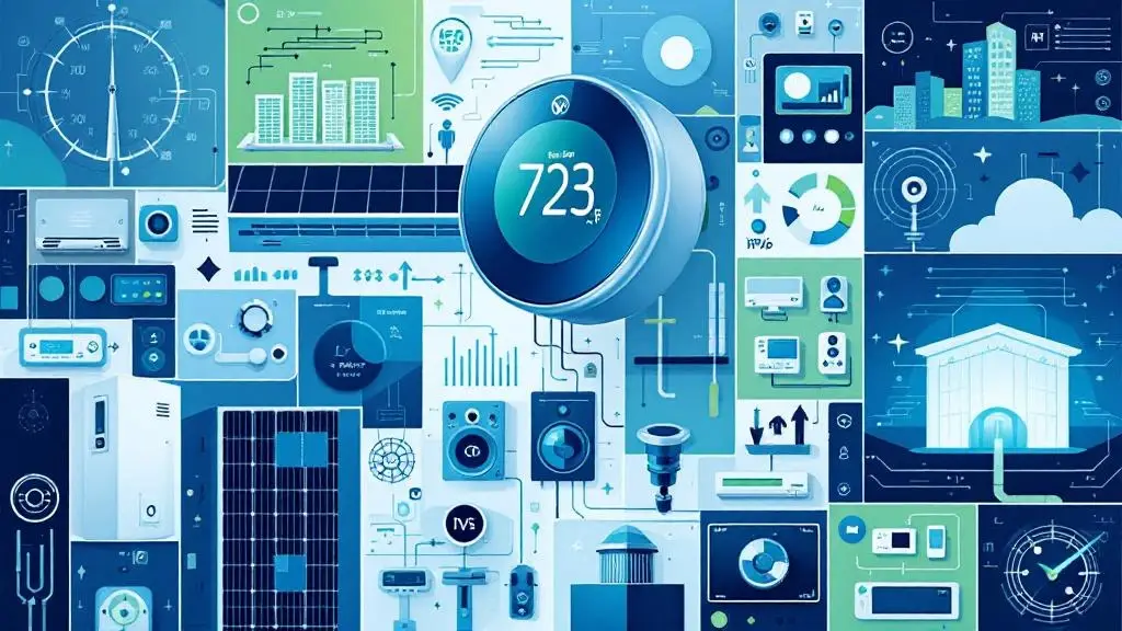 Create a collage of futuristic HVAC technologies. Include smart thermostats, solar-powered units, and IoT-connected devices. Use a modern, tech-forward aesthetic with blue and green tones to represent innovation and sustainability.