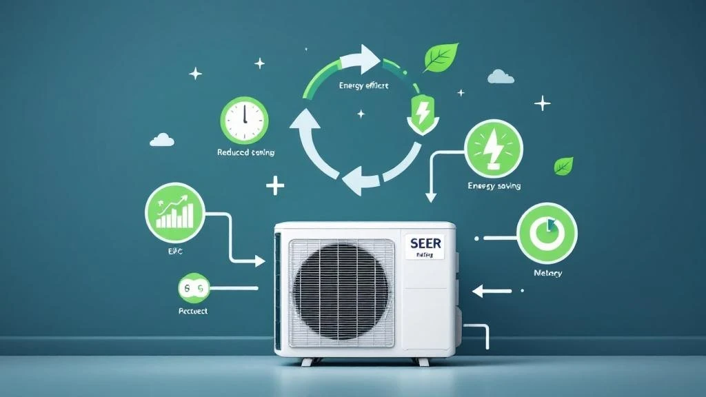 An energy-efficient HVAC unit with a high SEER rating and icons showing reduced energy use.
