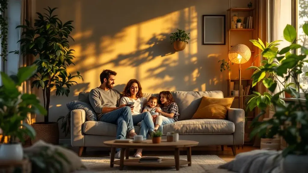 A family in a bright living room with air purifiers and plants, indicating high indoor air quality.