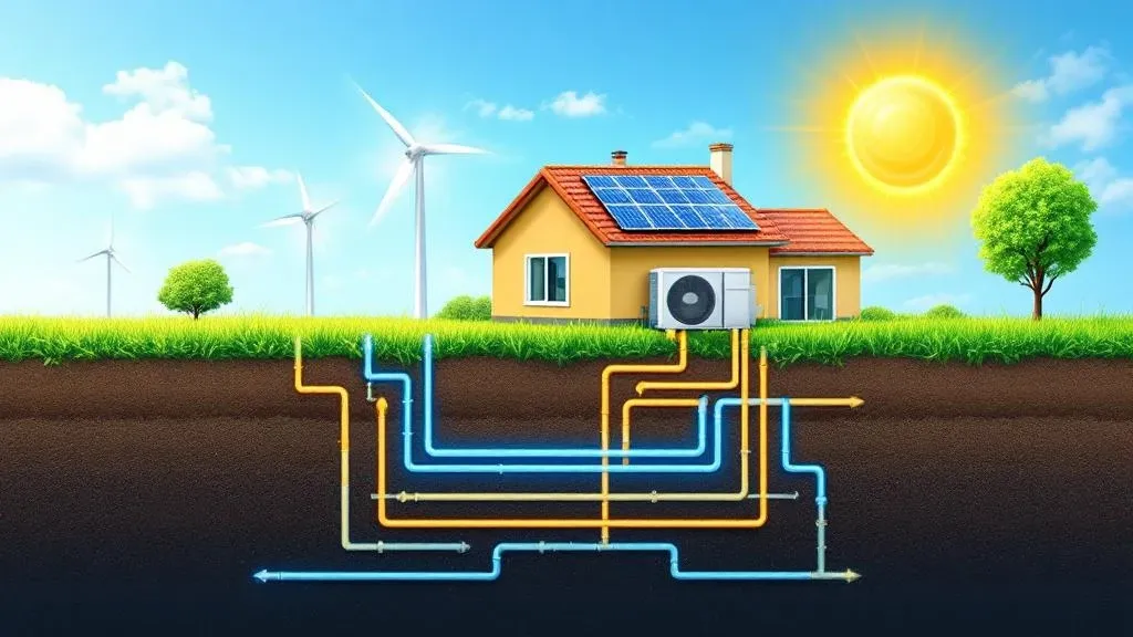 A home with solar panels and an HVAC unit, or a geothermal system, showing renewable energy integration.