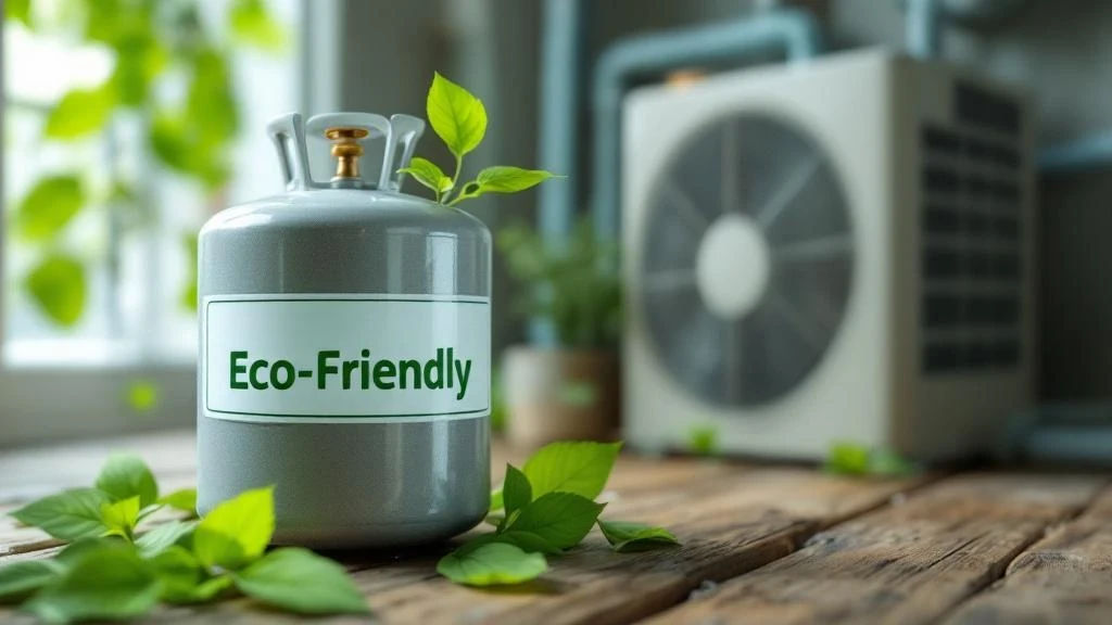 A modern HVAC system with an eco-friendly refrigerant canister surrounded by green leaves, contrasting with an older system in the background.