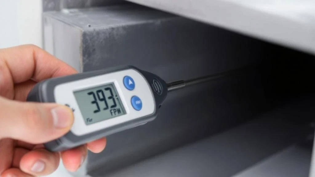 A close-up view of an anemometer inserted into a duct, displaying an air velocity reading in feet per minute (FPM)